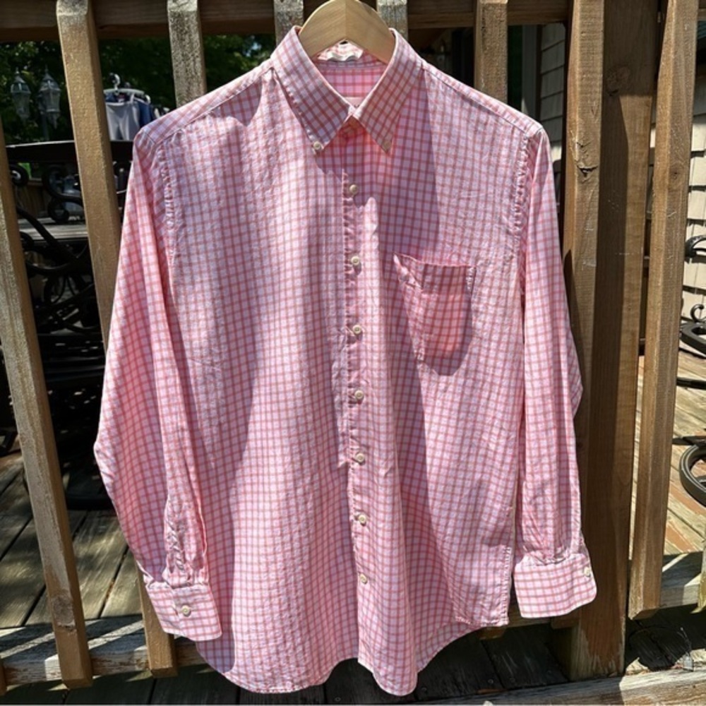 Peter Millar Men’s Long Sleeve Button Down White Coral Checks‎ Shirt (Large)
